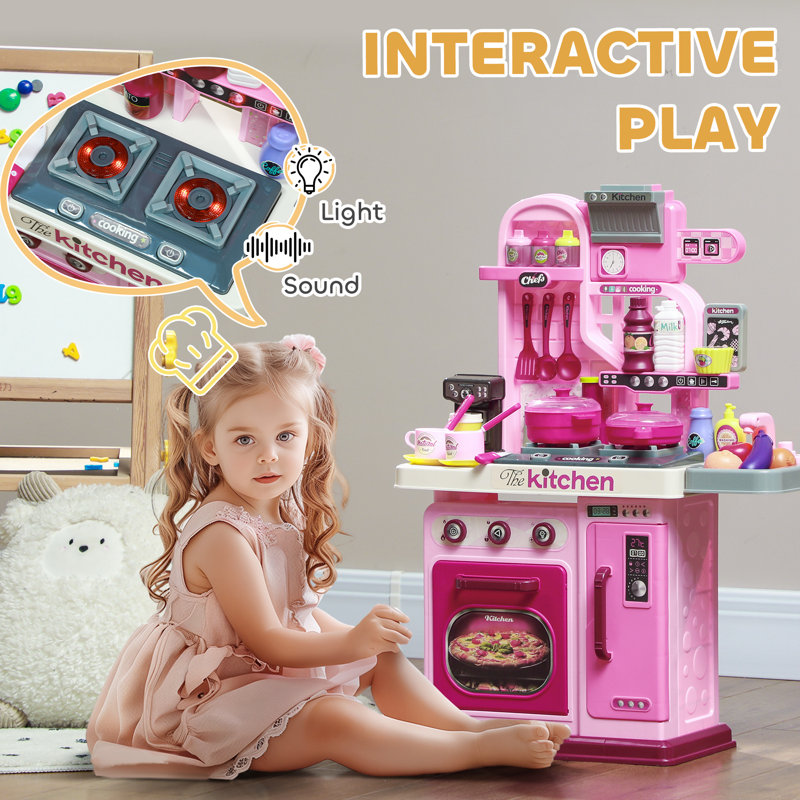 Qaba Play Kitchen Kids Kitchen Playset Toy Kitchen with Lights Sounds 33 Accessories Storage Interactive Playset for Toddler 3 6 Years Pink Wayfair
